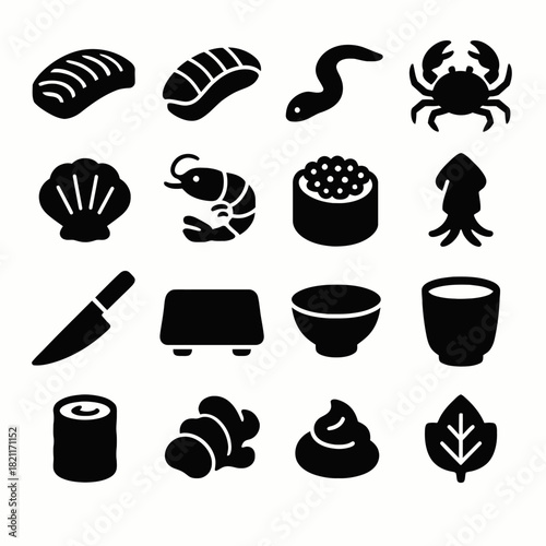 Japanese cuisine icons: sushi, seafood, tools, and ingredients in black silhouette