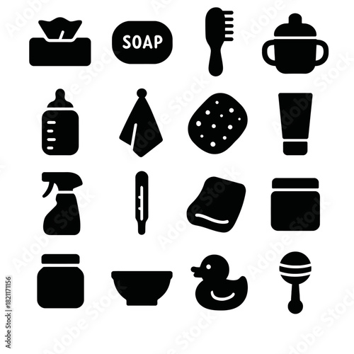 Silhouette icons of baby care essentials