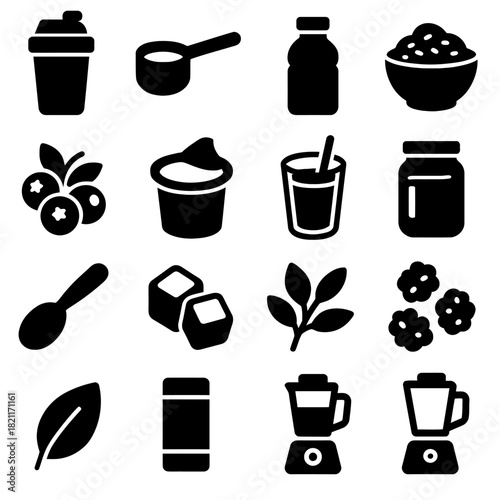 Smoothie ingredients icons set: blender, berries, yogurt, juice, spices, leaf, spoon