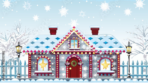 Illustration of a decorated christmas house with snow falling, lanterns, and a picket fence in winter scene