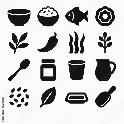 Food ingredient icons: fish, rice, spices, herbs, and utensils in black silhouettes