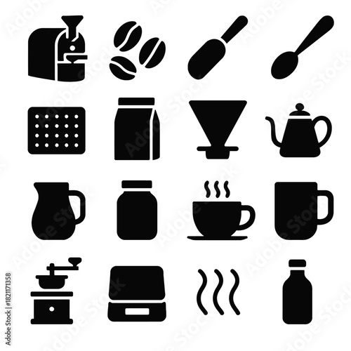 Coffee icon set: grinder, beans, cups, mugs, and brewing tools