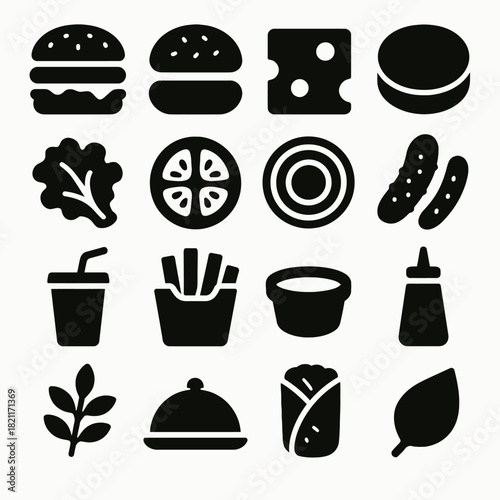Black and white food icons: burger, cheese, vegetables, drinks, and condiments