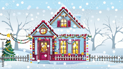 Illustration of a snow covered house decorated with christmas lights and a christmas tree in front yard is seen