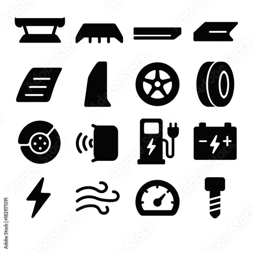 Assorted car parts icons set: wheels, tires, spoiler, battery, speedometer, screw, gas pump