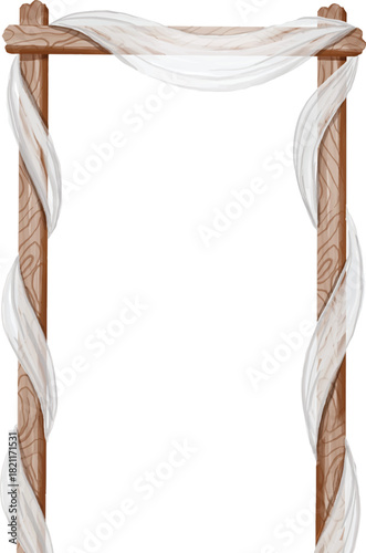 A wooden arch beautifully decorated with flowing white fabric