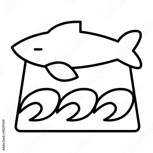 Wooden board with fish sliced fillet thin line icon, japanese food concept. Vector graphics. Fillet slices and fish, seafood sign on white background, style icon mobile or web design.