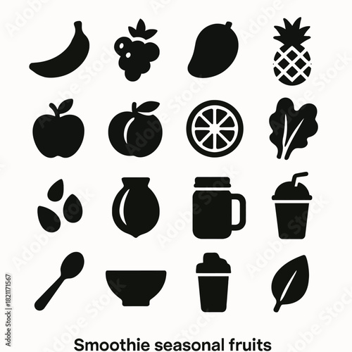Black silhouette icons of seasonal fruits and kitchen items