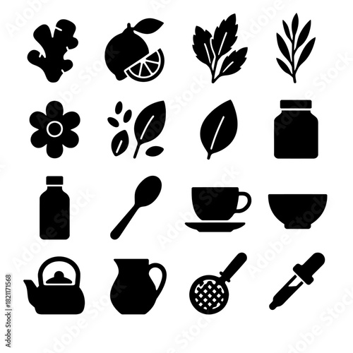 Essential icons: herbs, teapot, lemon, spoon, dropper, and food items