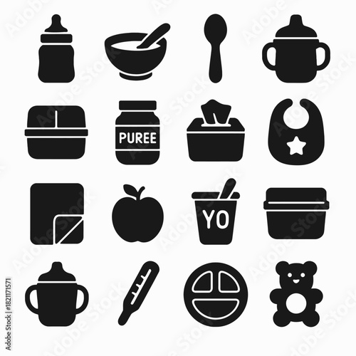 Silhouette icons of baby feeding items and accessories