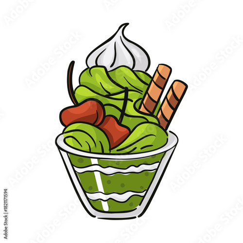 Flat illustration of a matcha parfait in a glass with cream, cherries, and waffle tubes. Colorful illustration with a black outline. Hand-drawn element for cafe menus, dessert shops, or sweet dish