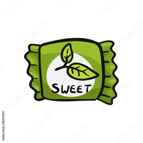 Flat illustration of mini sweets, candies, and matcha-flavored fudge in a package. Colorful illustration with black outline. Hand-drawn element for decorating the packaging of confectionery or dessert