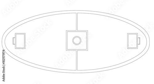 Detailed schematic outline drawing of an oval component with internal geometric features and connection points.