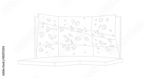 A detailed line drawing of a climbing wall with various holds and a flat matting area in the foreground.