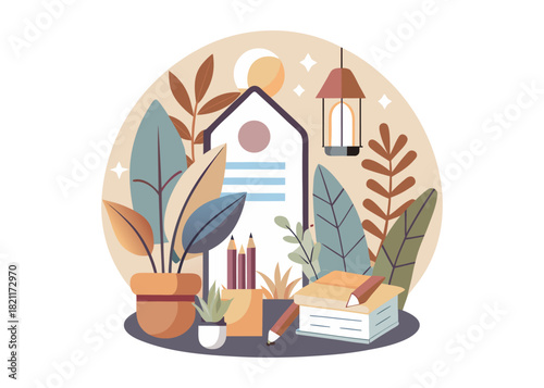 Journaling in a cozy nook, plants and warm light, flat design illustration logo creative icon on white background.
