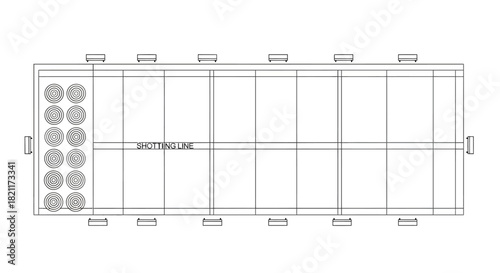 Top-down view of a shooting range layout with targets and shooting line.