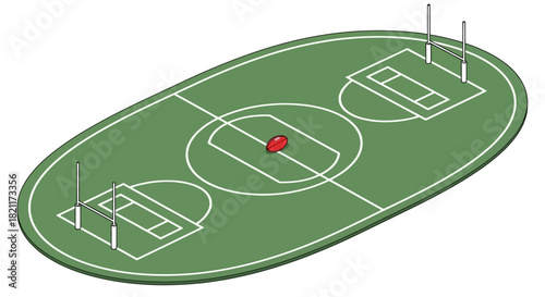 An Australian Rules football field illustration with goal posts and a red football in the center circle.