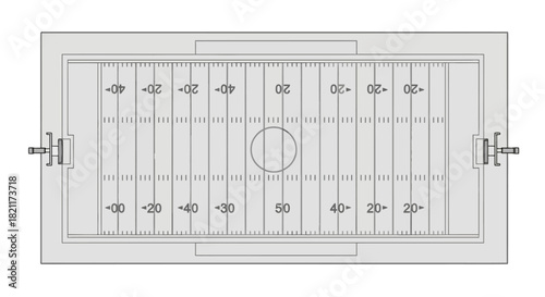 A detailed overhead view of a football field with yard lines and markings.