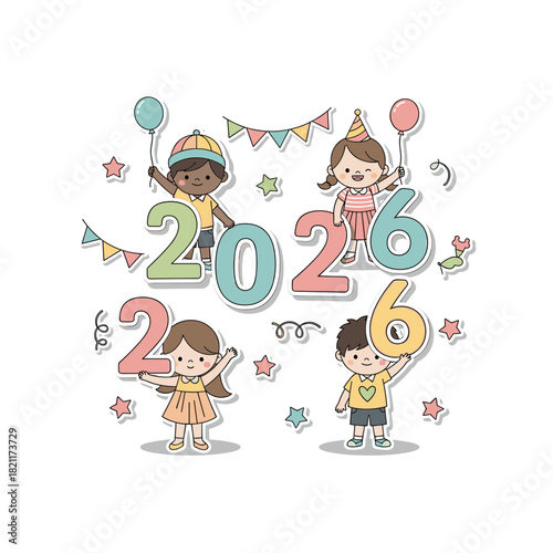 Happy new year 2026 cute kids celebrate new year occasion