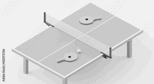 Isometric illustration of a ping pong table with paddles and a ball.