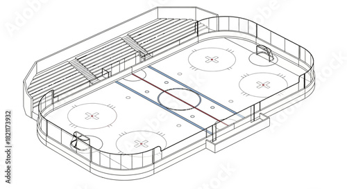 Isometric view of a standard ice hockey rink with seating area and markings.