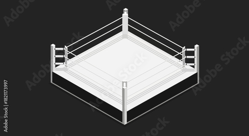 An isometric 3D render of a pristine white boxing or wrestling ring with ropes and corner posts on a dark background.