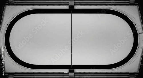 A symmetrical overhead view of a running track, divided centrally.