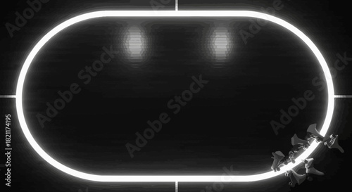 Abstract black and white composition with a glowing oval shape and small figures.