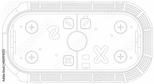 Overhead view of an ice hockey rink with markings and seating.
