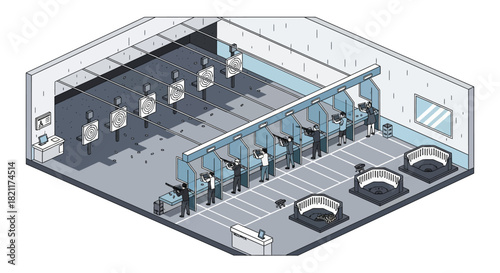 Isometric view of a shooting range, people aiming at targets with firearms.
