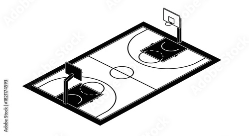 Isometric illustration of a basketball court, showing markings and hoops.