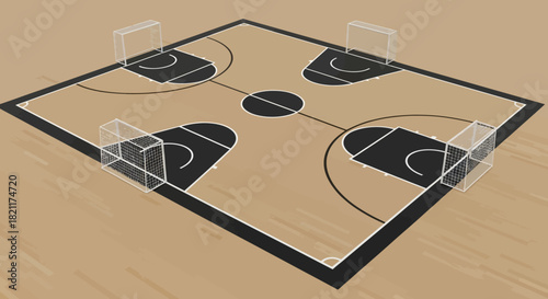 A stylized, isometric view of a multi-sport court with four goals.