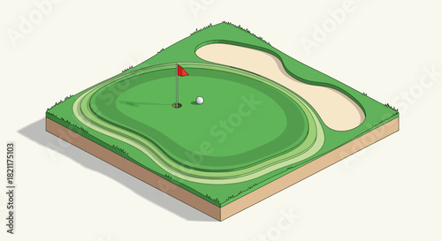 Isometric illustration of a golf green with a ball near the hole and a sand bunker.