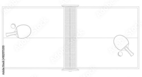 Overhead view of table tennis setup, showing paddles and balls on either side of the net.