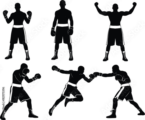 Boxer Silhouette Vector Set in Six Action Poses: Punching, Celebrating Victory, and Guarding, Ideal for Fighting, Sport, Competition, and Athletic Training Graphics