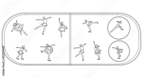 Illustration of ice skaters in various poses, showcasing different positions and movements on the ice rink.