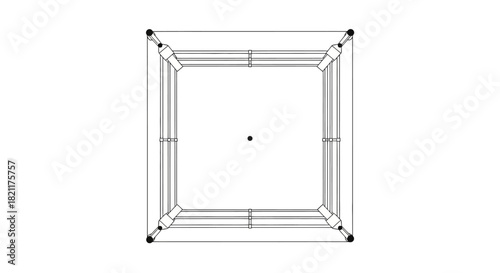 Overhead view of a geometric cube structure with internal support lines and a central dot.