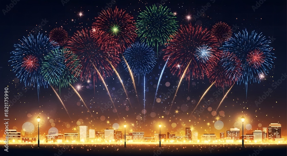 Fototapeta premium Colorful fireworks explode over city skyline at night with bokeh lights