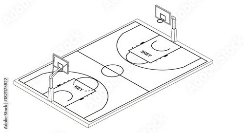 Isometric view of a basketball court with hoops and lines, ready for play.
