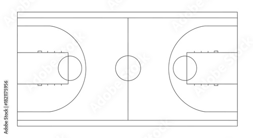 Overhead view of a basketball court, showing lines and key areas.
