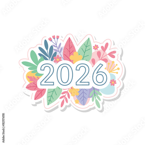 Happy new year 2026 decorative floral sticker holiday celebration