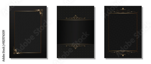 Set of black luxury cover design. Cover design in A4 size with gold floral decoration. Suit for banner, invitation card, award, certificate, poster, formal invitation, and others