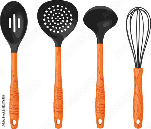 Kitchen Utensil Vector Set: Slotted Spoon, Skimmer, Ladle, and Whisk with Black Heads and Orange Wooden Handles, Ideal for Cooking, Culinary, and Restaurant Graphics