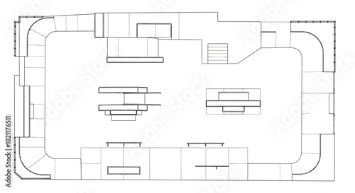Top-down architectural plan of a skatepark featuring ramps, rails, stairs, and various obstacles.