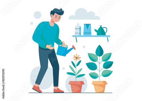 a person watering two plants, flat illustration of an adult man watering plants in his apartment, against logo creative icon on white background