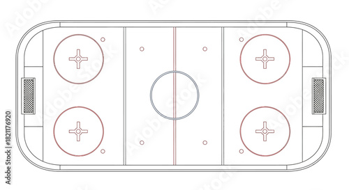 Overhead view of a detailed, outlined ice hockey rink, ready for play.