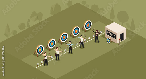 Archers aiming arrows at targets during an archery competition, outdoors on a field.