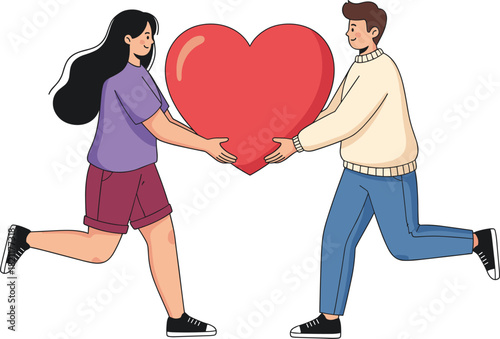 Energetic Young Couple Running and Holding a Large Red Heart Vector, Symbolizing Shared Love, Partnership, Valentine's Day, and Joyful Relationship Concepts