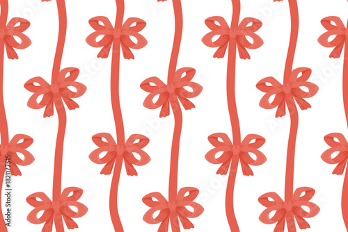 Red bows and ribbons. Vector illustration. Christmas seamless pattern. Print for wallpaper, packaging and wrapping paper for Valentine's Day.