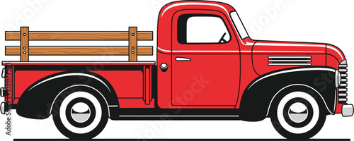 Classic Red Vintage Pickup Truck Vector with Wooden Side Rails, Representing Farm, Agriculture, Transportation, Retro Americana, and Nostalgic Vehicle Graphics